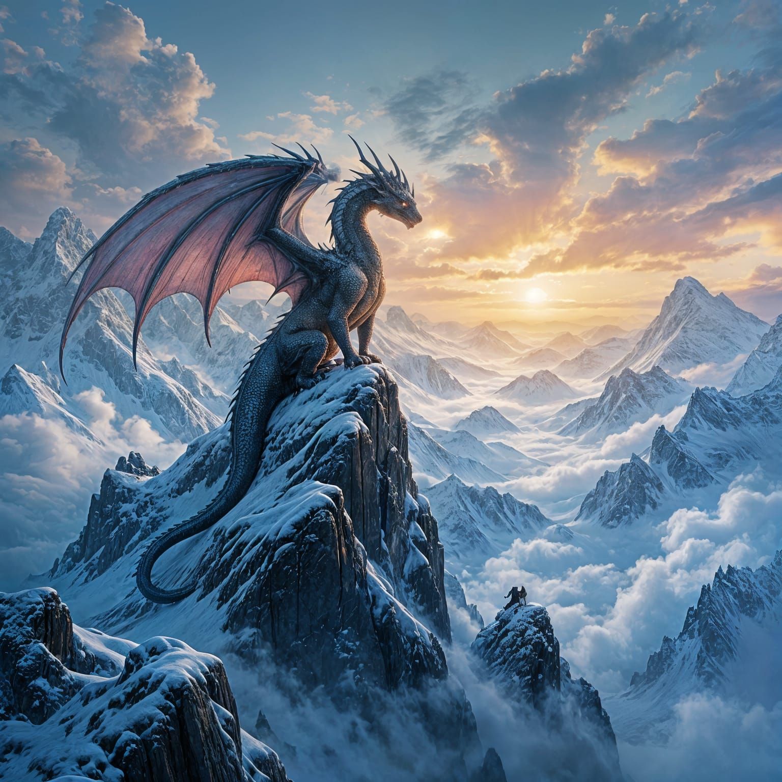 Majestic Dragon on Snowy Peak in Mystical Valley