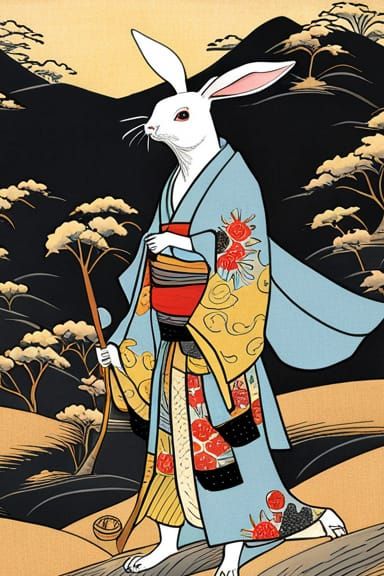Rabbit Samurai in Kimono: Ukiyo-e Style Painting