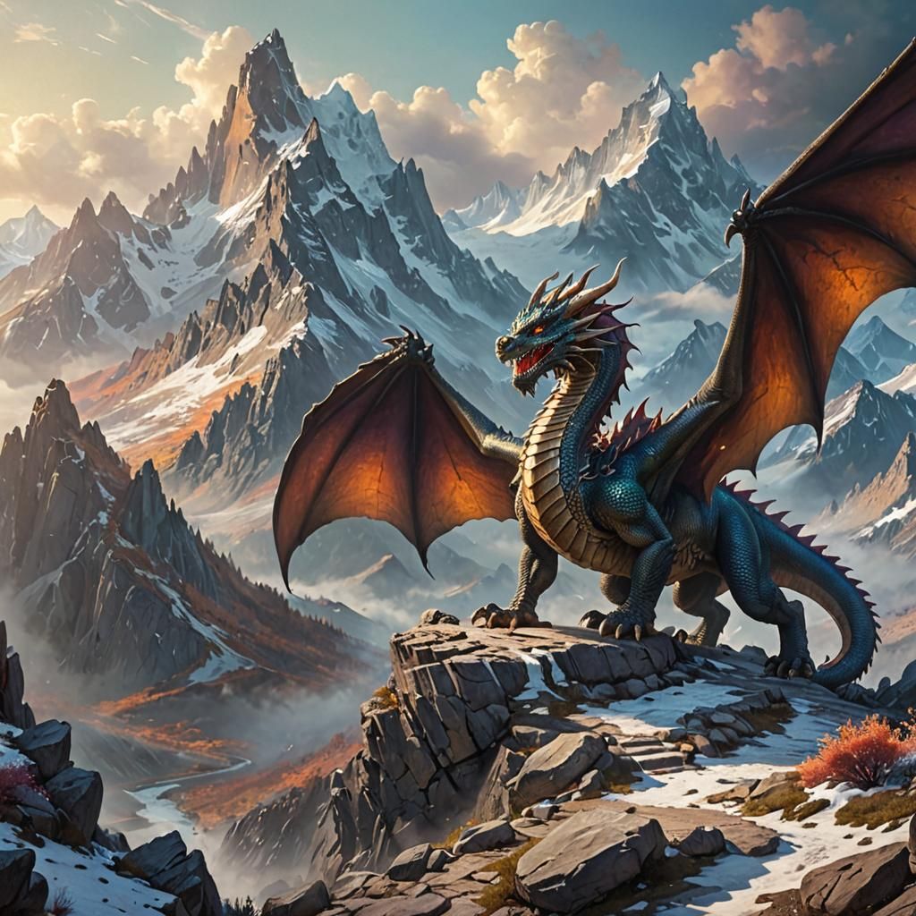 Majestic Dragon in Mountain Range: Fantasy Landscape Art