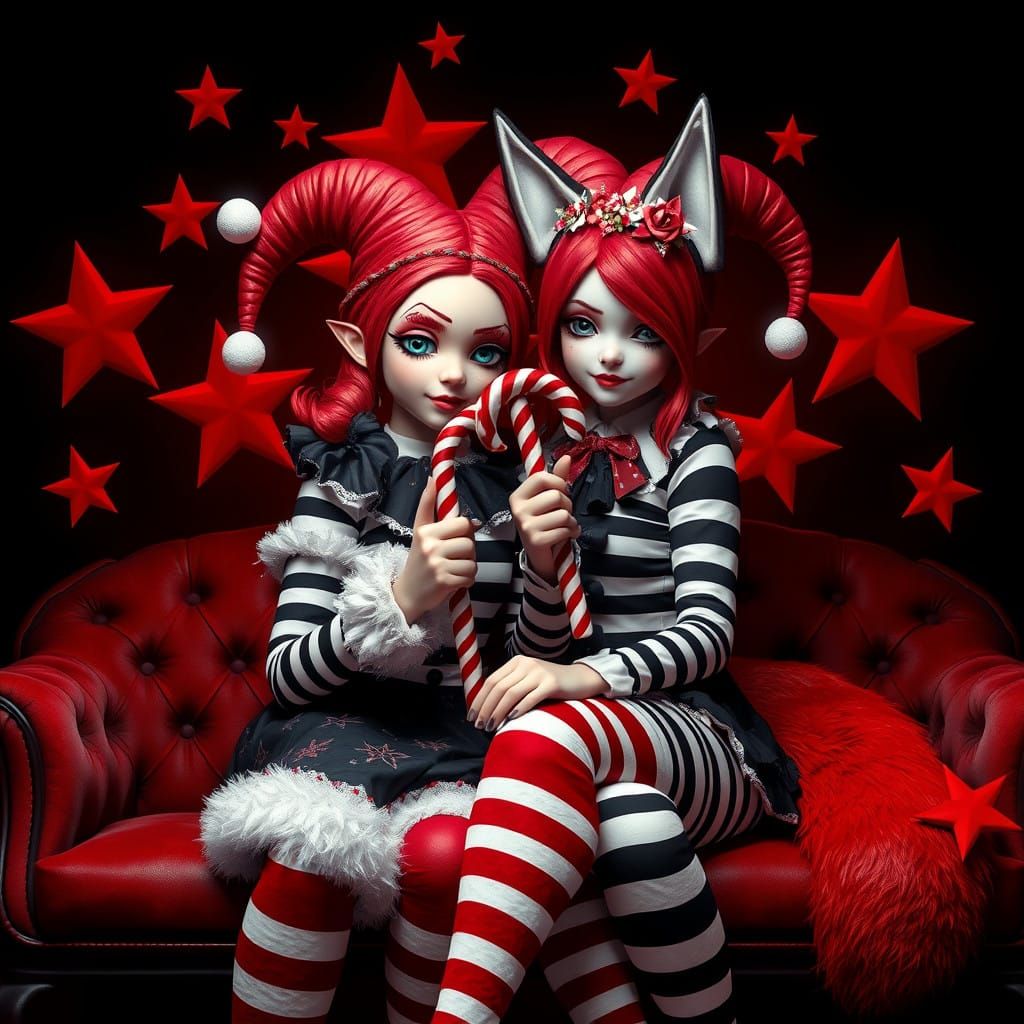 Vibrant Christmas Jester Girl in Striped Style Digital Art