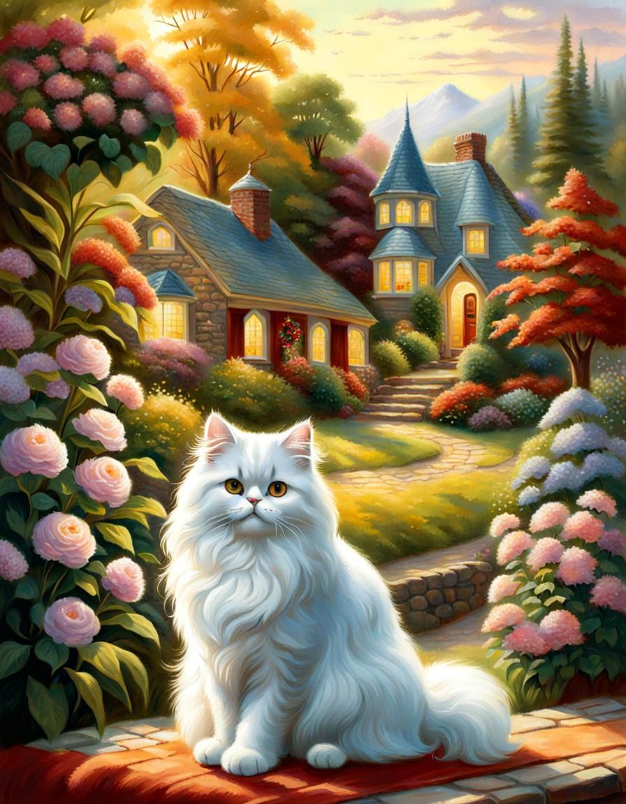 Cottagecore Persian Cat in Kinkade Style