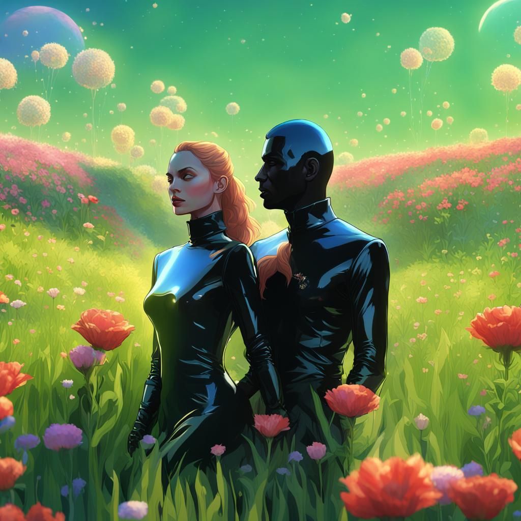 Couple in a Field of Flowers, Hyperdetailed Digital Art