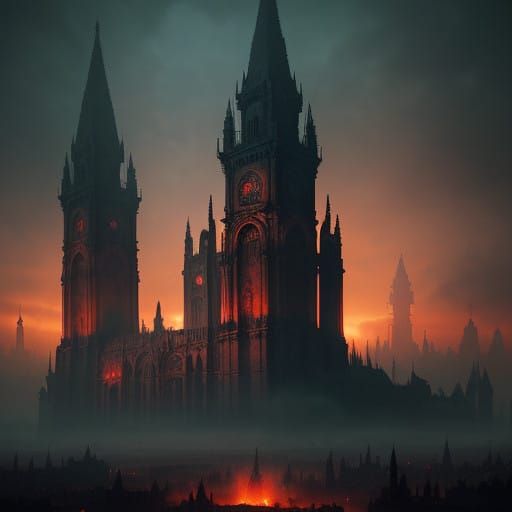 Mystical Metropolis Enshrouded in Red-Orange Haze, as Hyper-...