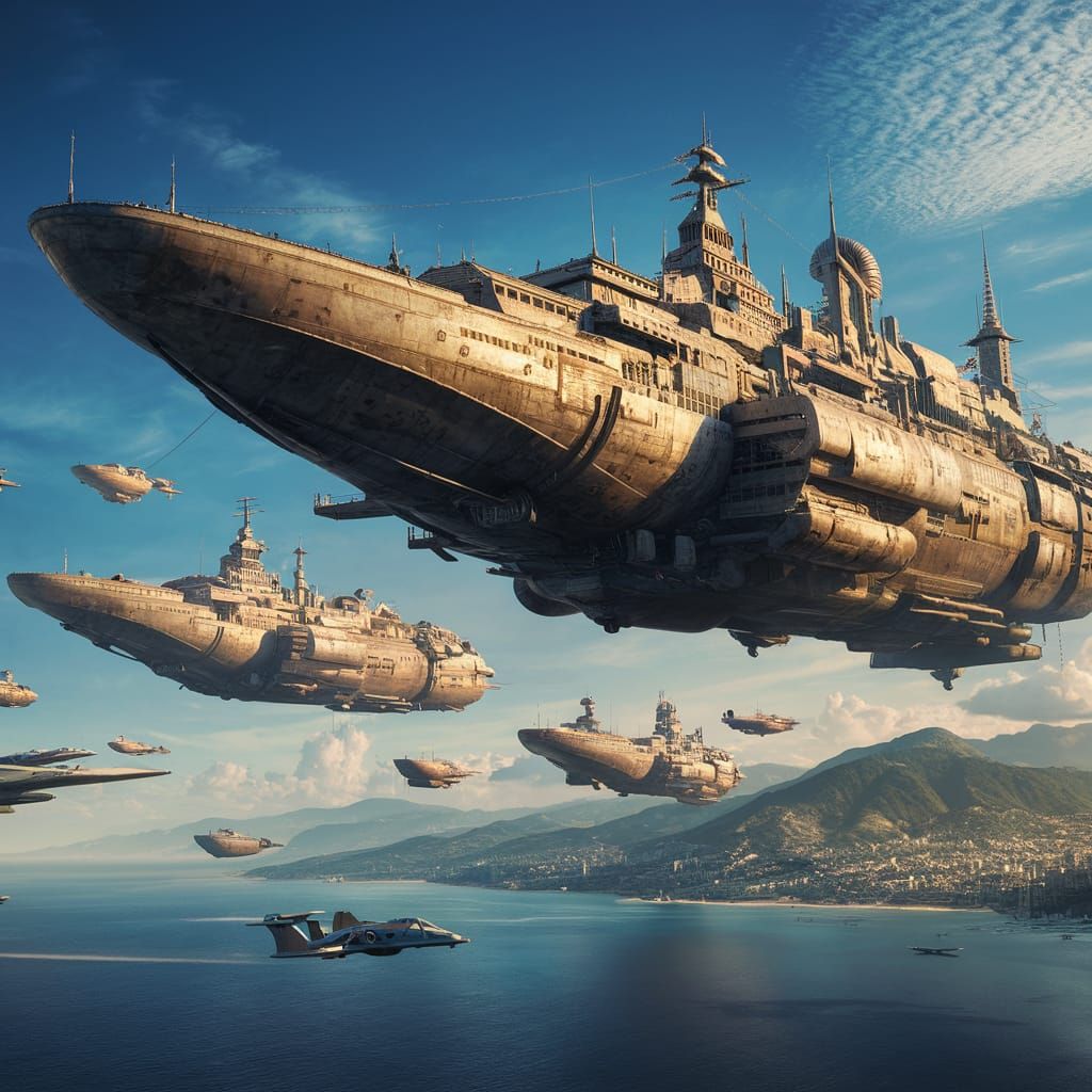 Futuristic Flying Ships Over Serene Blue Ocean
