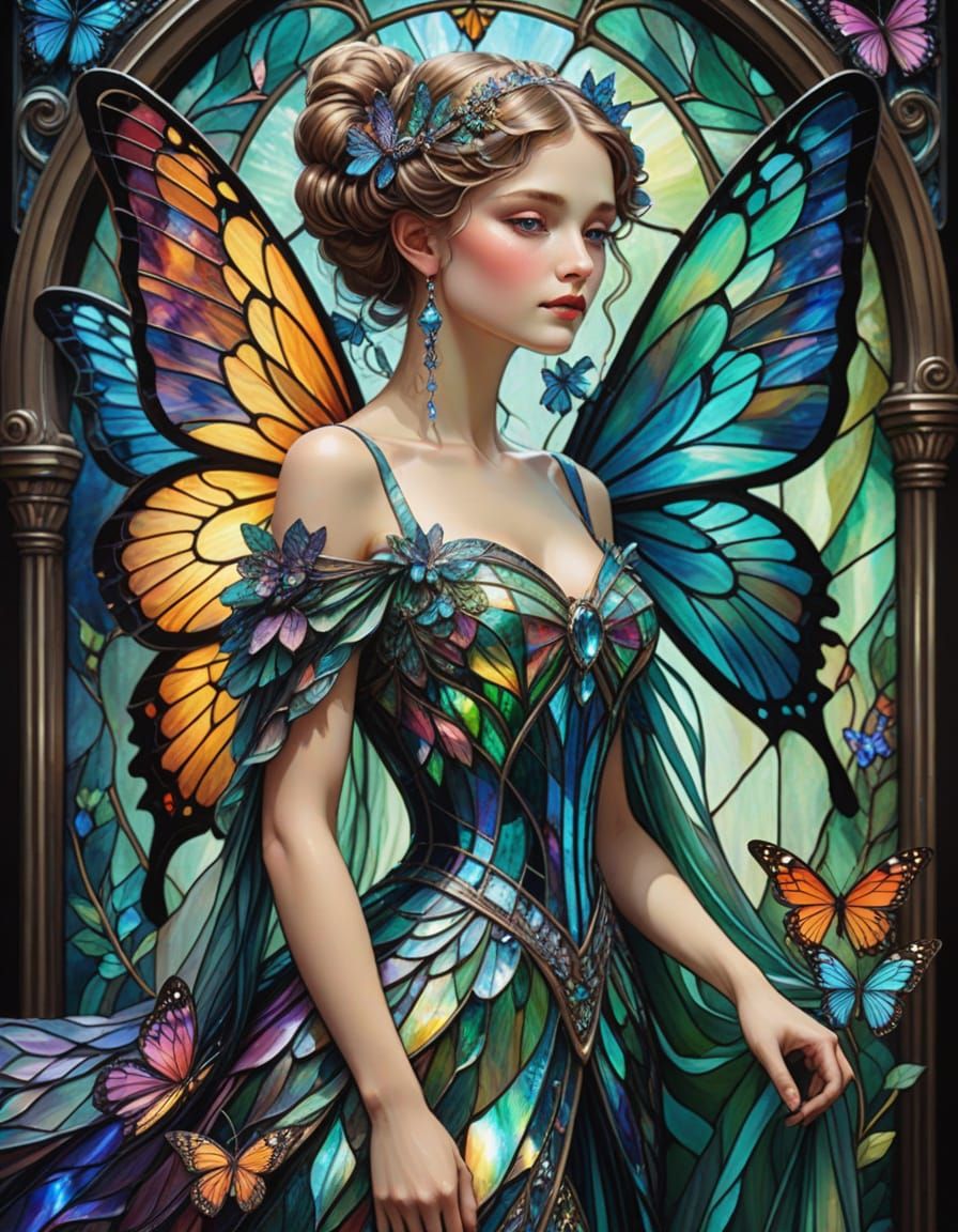 Victorian Woman in Opulent Stained Glass Gown