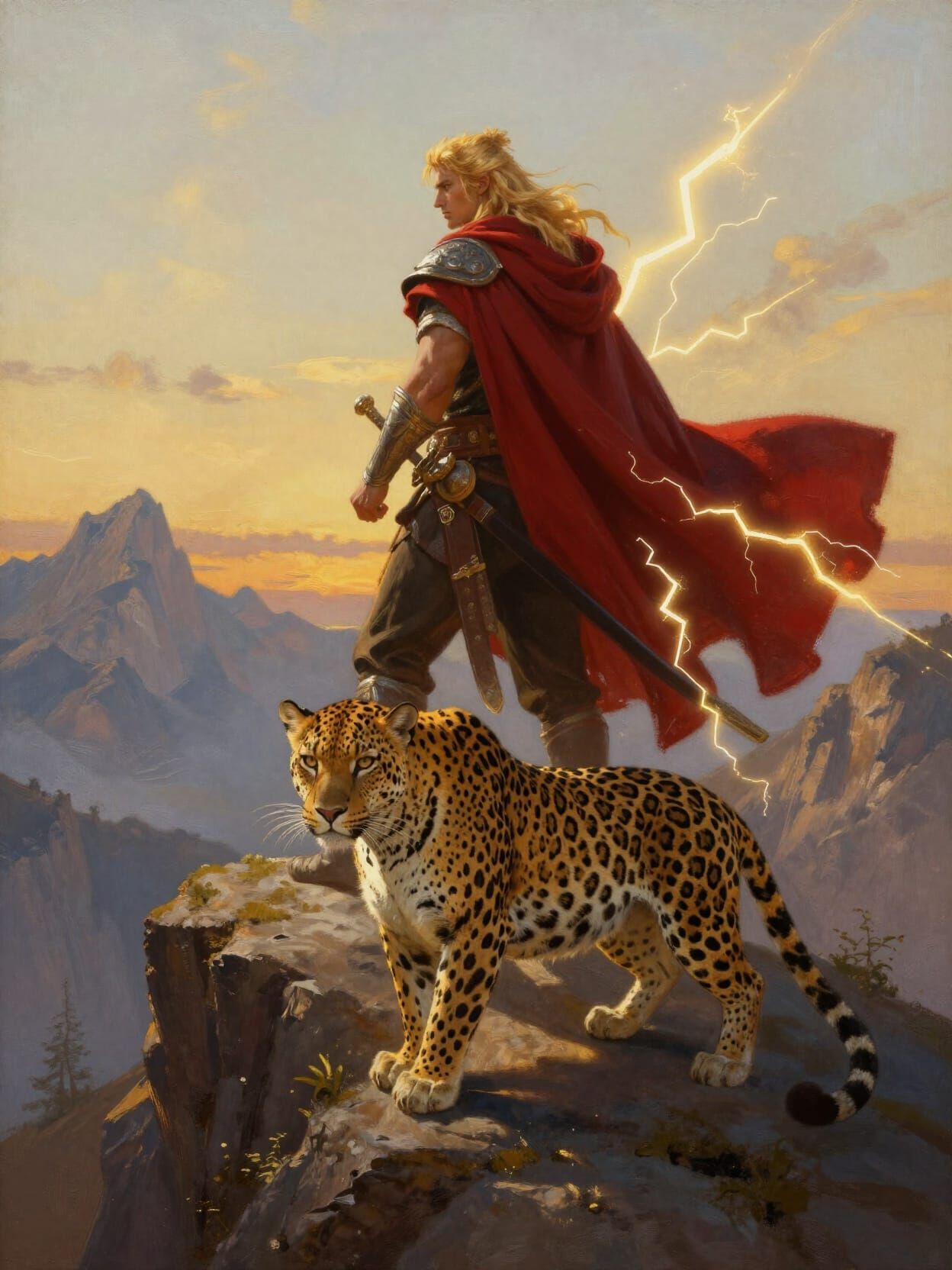 Warrior and Leopard in Golden Hour Mountain Landscape