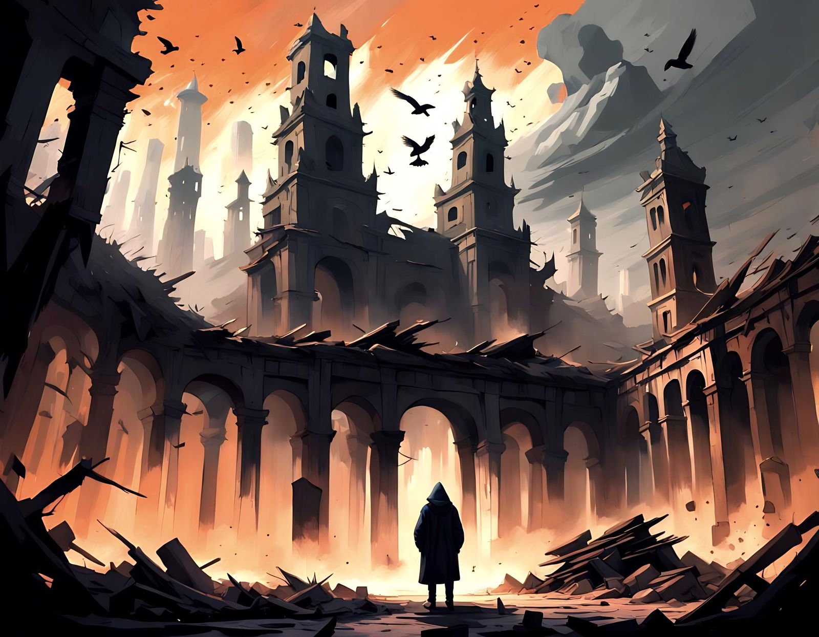 Lone Figure Contemplates Ruins in Post-Apocalyptic Setting