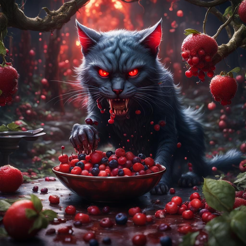Detailed Matte Painting: Demon Cat Eating Fruit