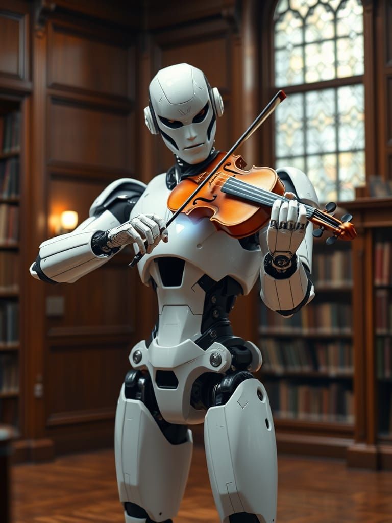 Surreal Robot Plays Violin in Ivy League Library