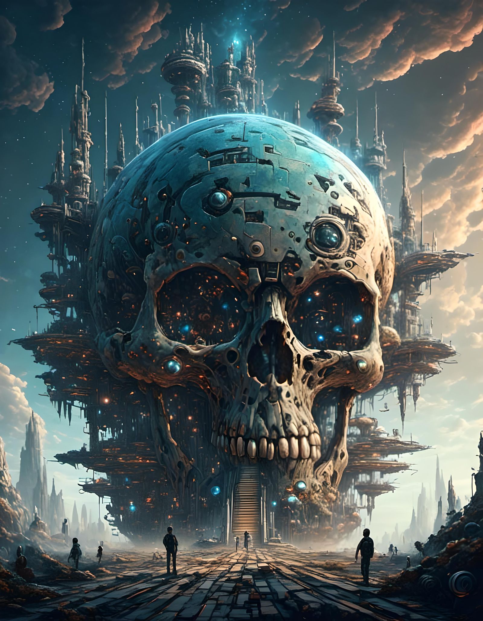 Hyperrealistic Space Station in Cosmic Skull