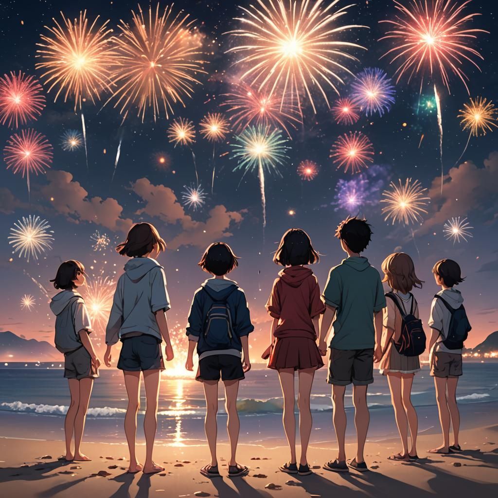 Friends Enjoying Fireworks on Beach in Anime Style