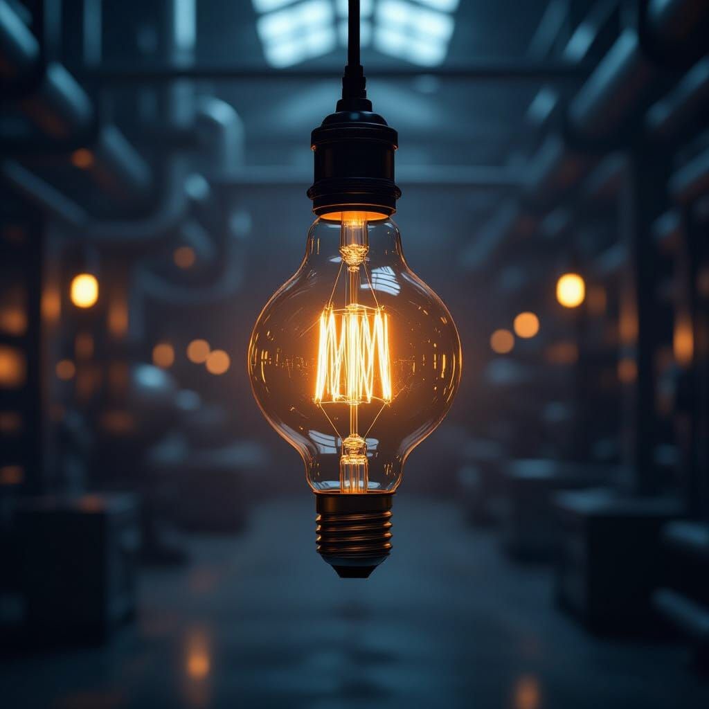 Glowing Filament Bulb in Dark Industrial Setting