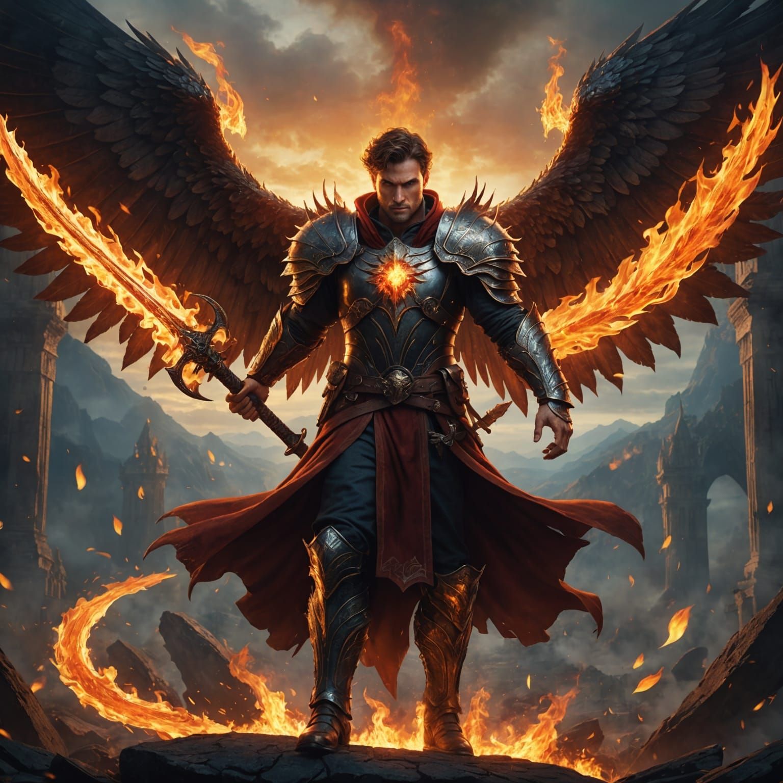 Winged Warrior with Flaming Sword: Fantasy Art