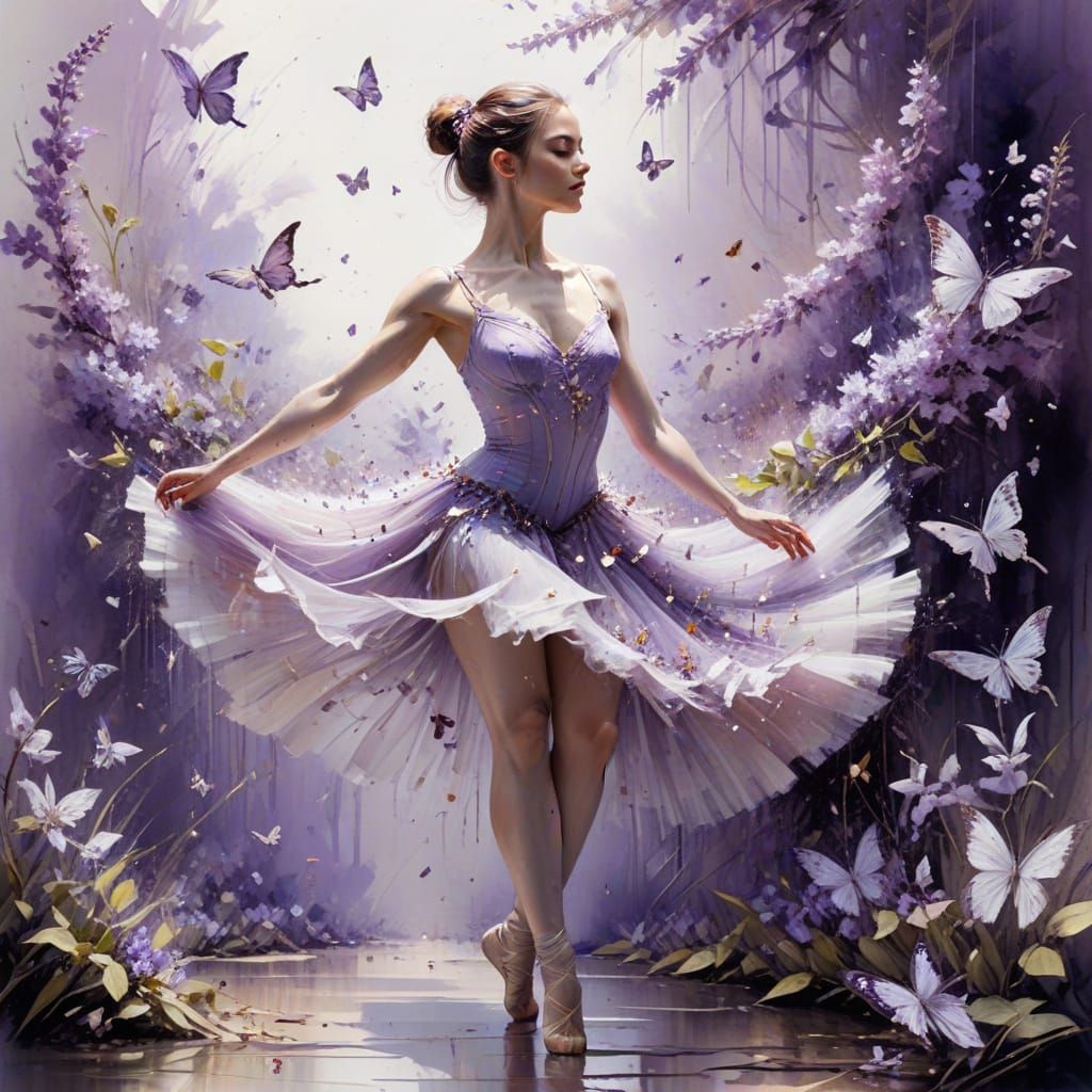 Ballerina Dancing Among Lilac Flowers in Watercolor Style