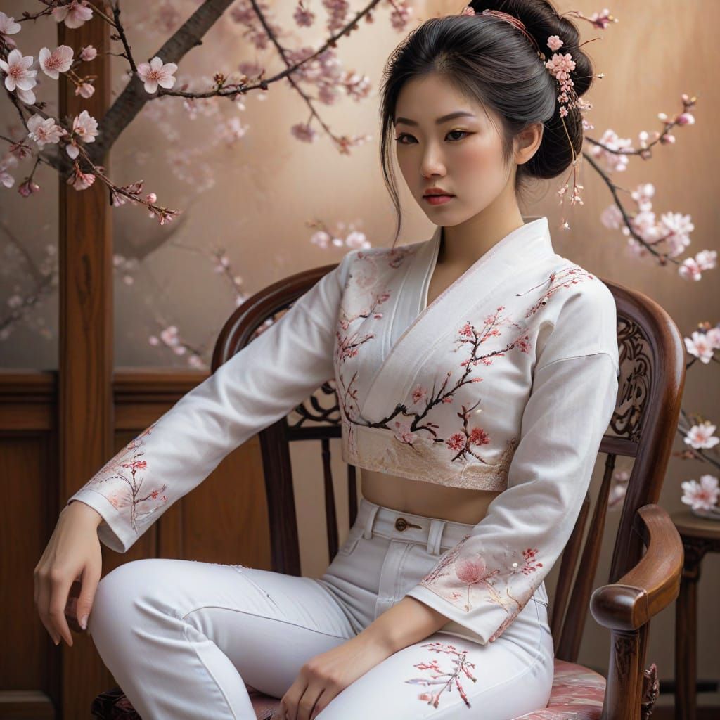 Geisha in Jeans with Cherry Blossoms in Soft Light