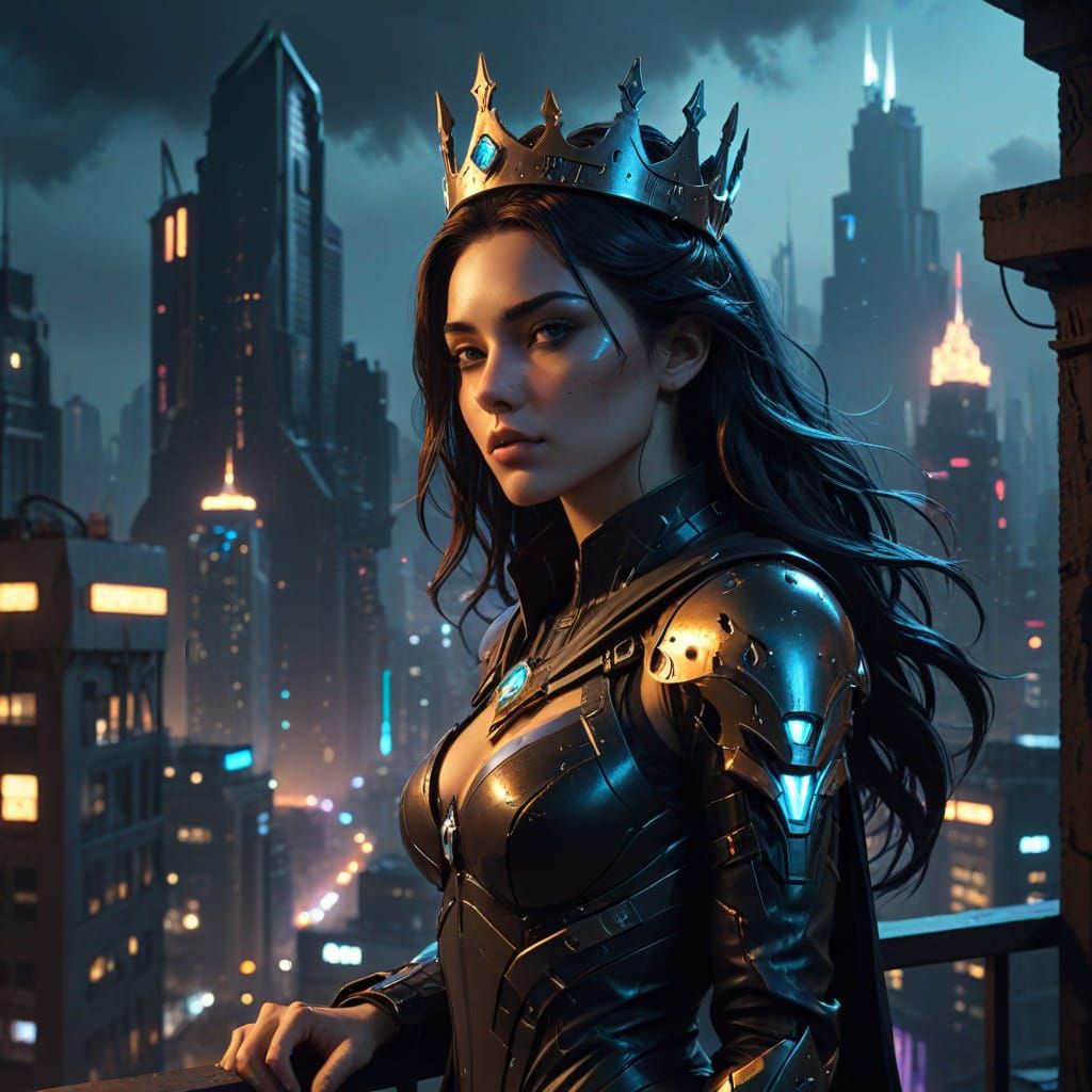 Sorceress with Energy Crown Overlooking Cyberpunk City