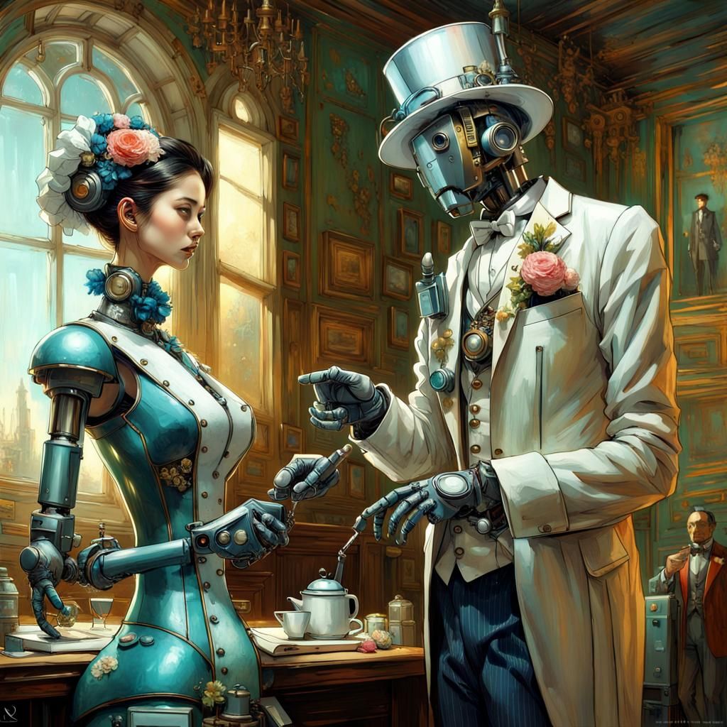 Steampunk Robot Butler Directs Maid, Victorian Fantasy