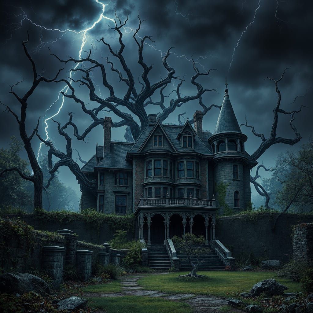Dark, Biomechanical Victorian Mansion Under Stormy Night Sky