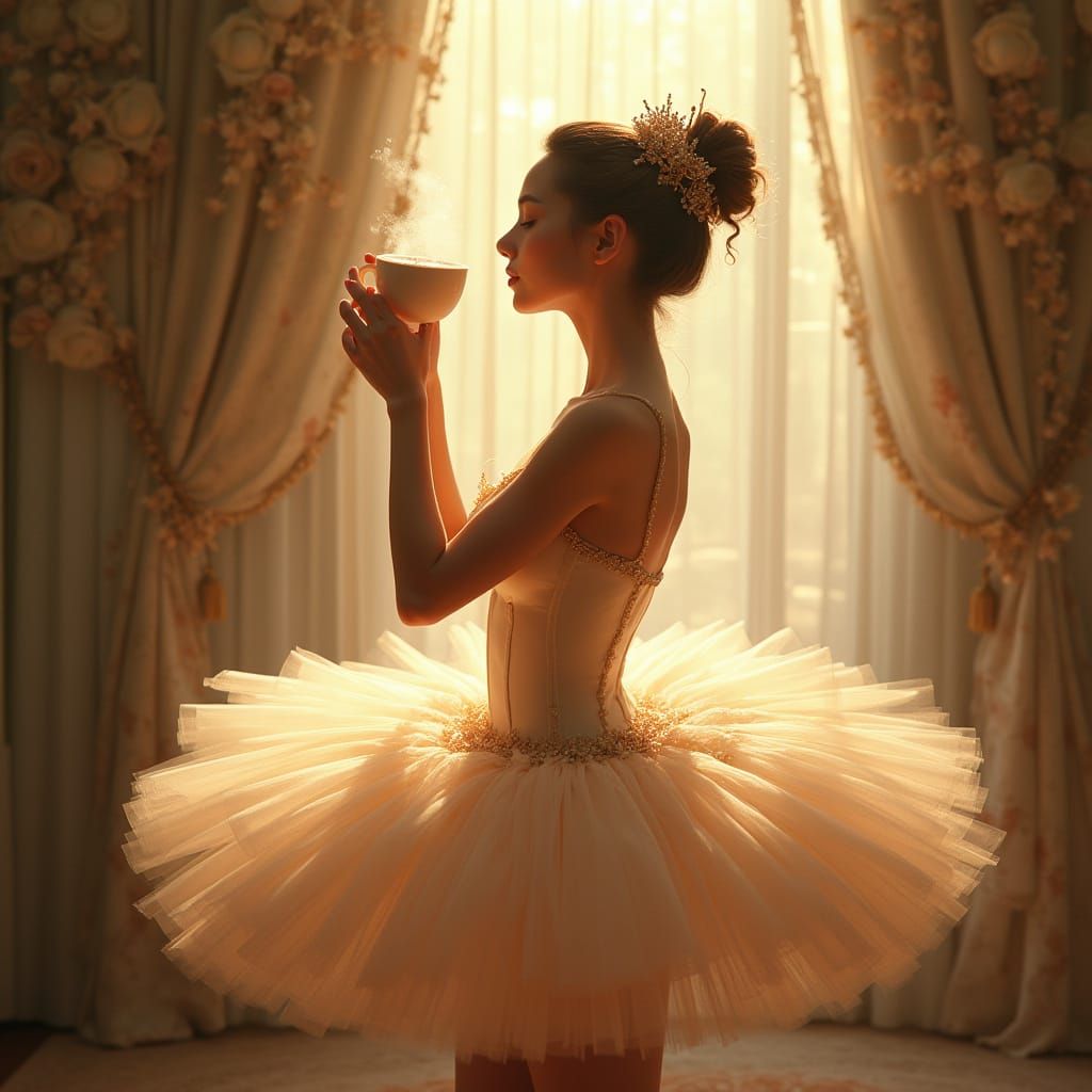 Ballerina in Whimsical Coffee Scene