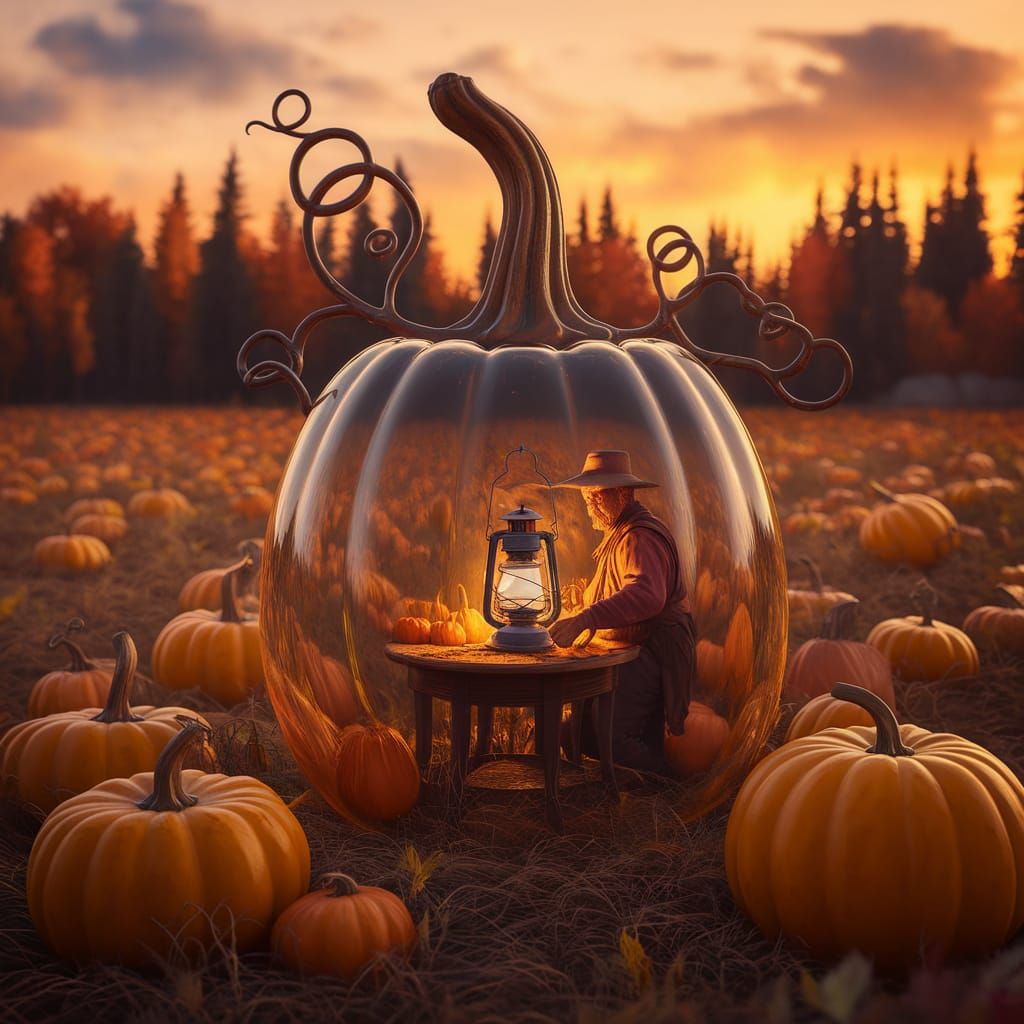 Glass Pumpkin with Farmer and Harvest Field