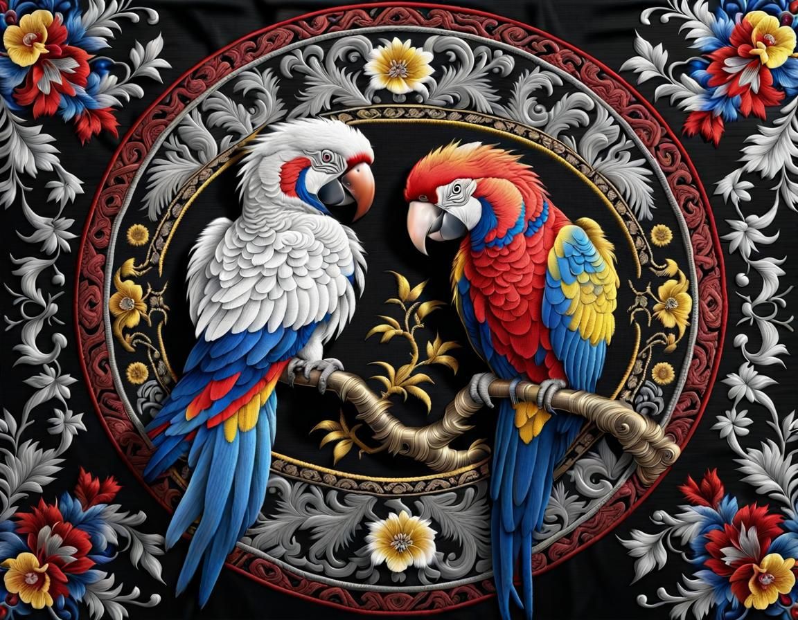 Embroidered Yin-Yang Parrots on Detailed Tapestry