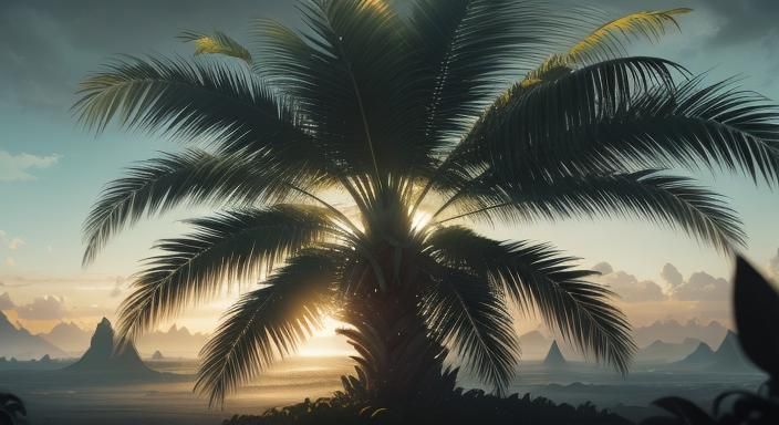 Mythological God Holds Palms in Surreal Landscape