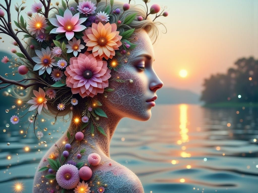 Surreal Fantasy Portrait of a Woman in a Sunset Landscape
