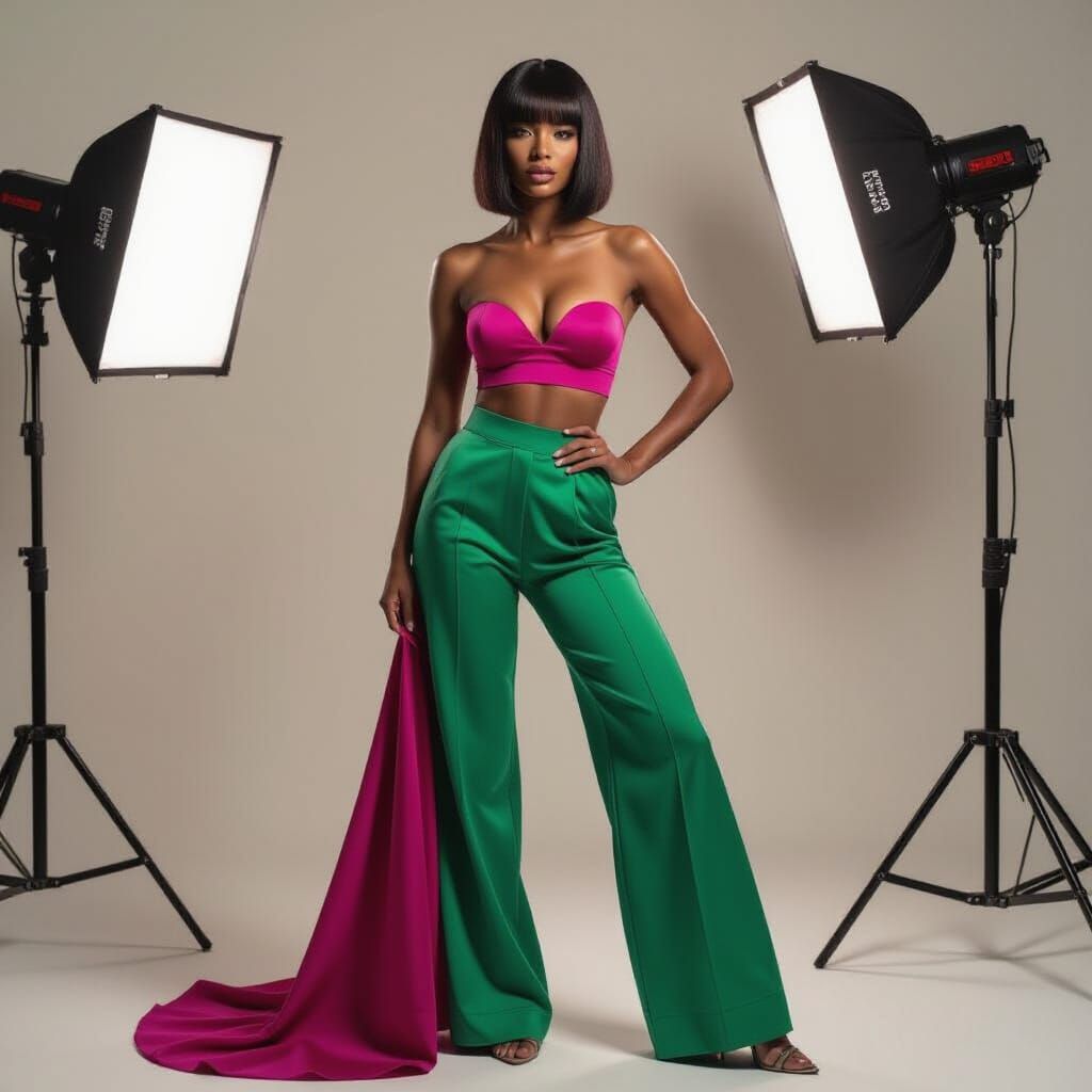 Black Woman in Magenta & Emerald Outfit: Fashion Editorial