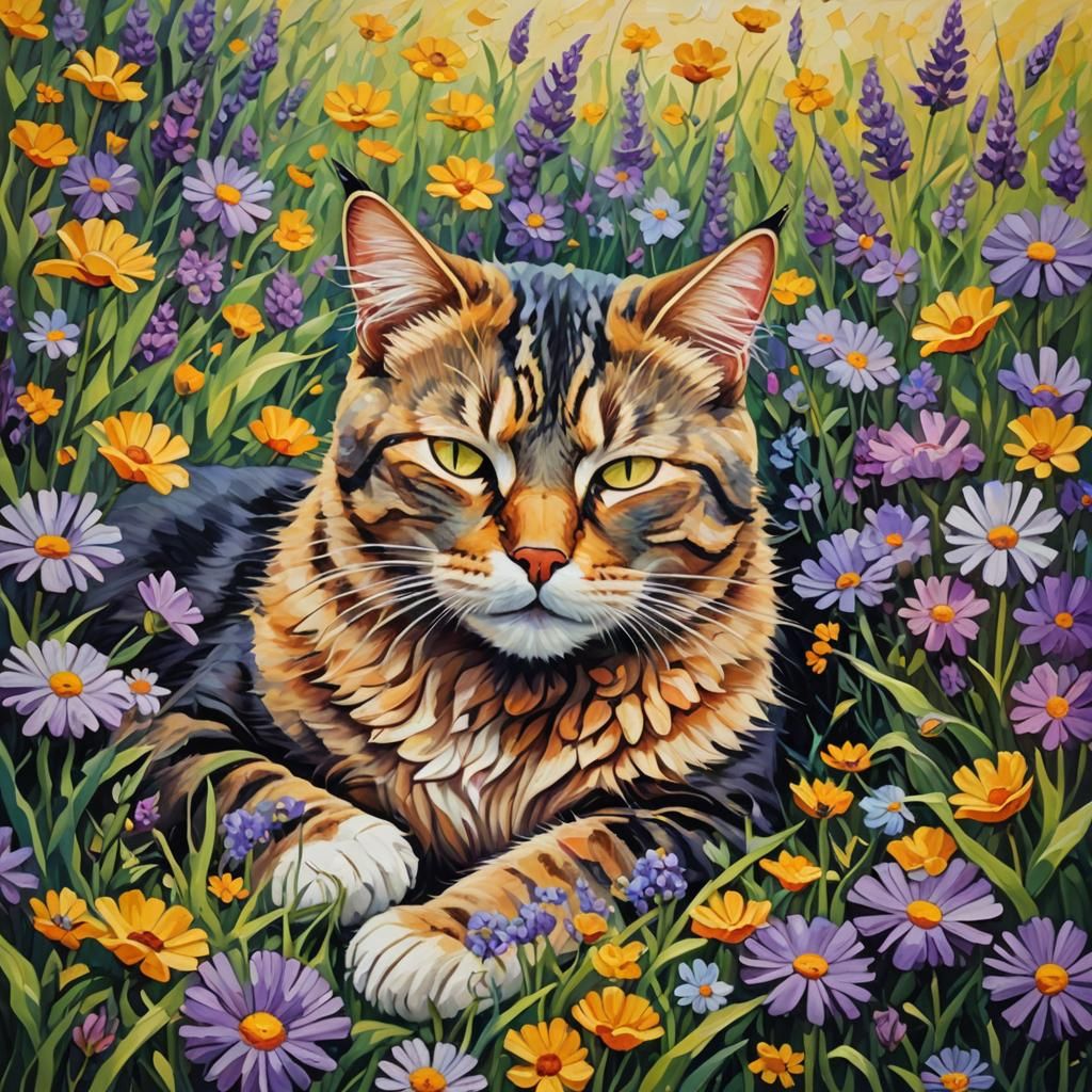 Cat Sleeping in Meadow: Neo-Impressionist Oil Painting