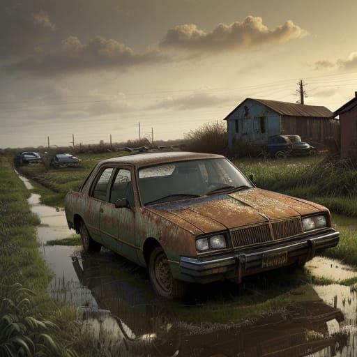 Rustic Abandoned Car in Muddy Field, 1980s Decay