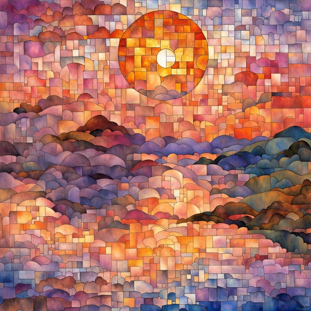 Cubist Sunset Lake Scene in Vibrant Colors and Drifting Clou...