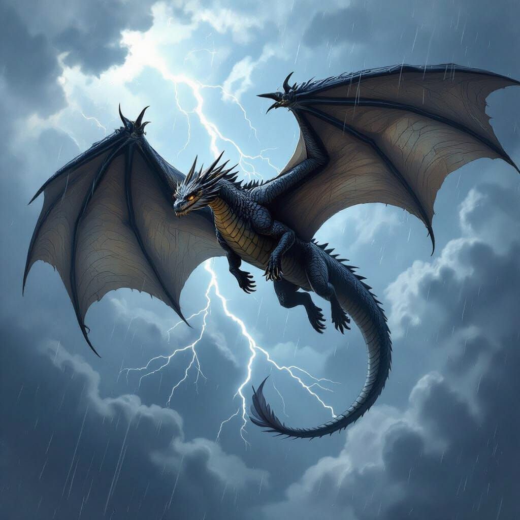 Majestic Mudwing Dragon Soars Through Stormy Sky