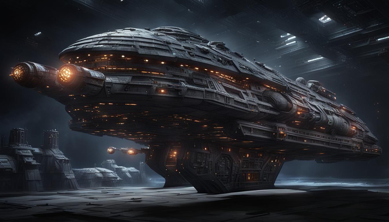 Armored Spaceship Model with Megastructure Background