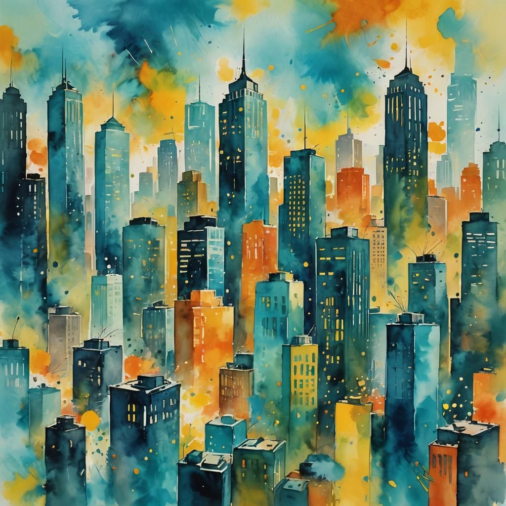 Watercolor Cityscape with Abstract Expressionist Brushstroke...
