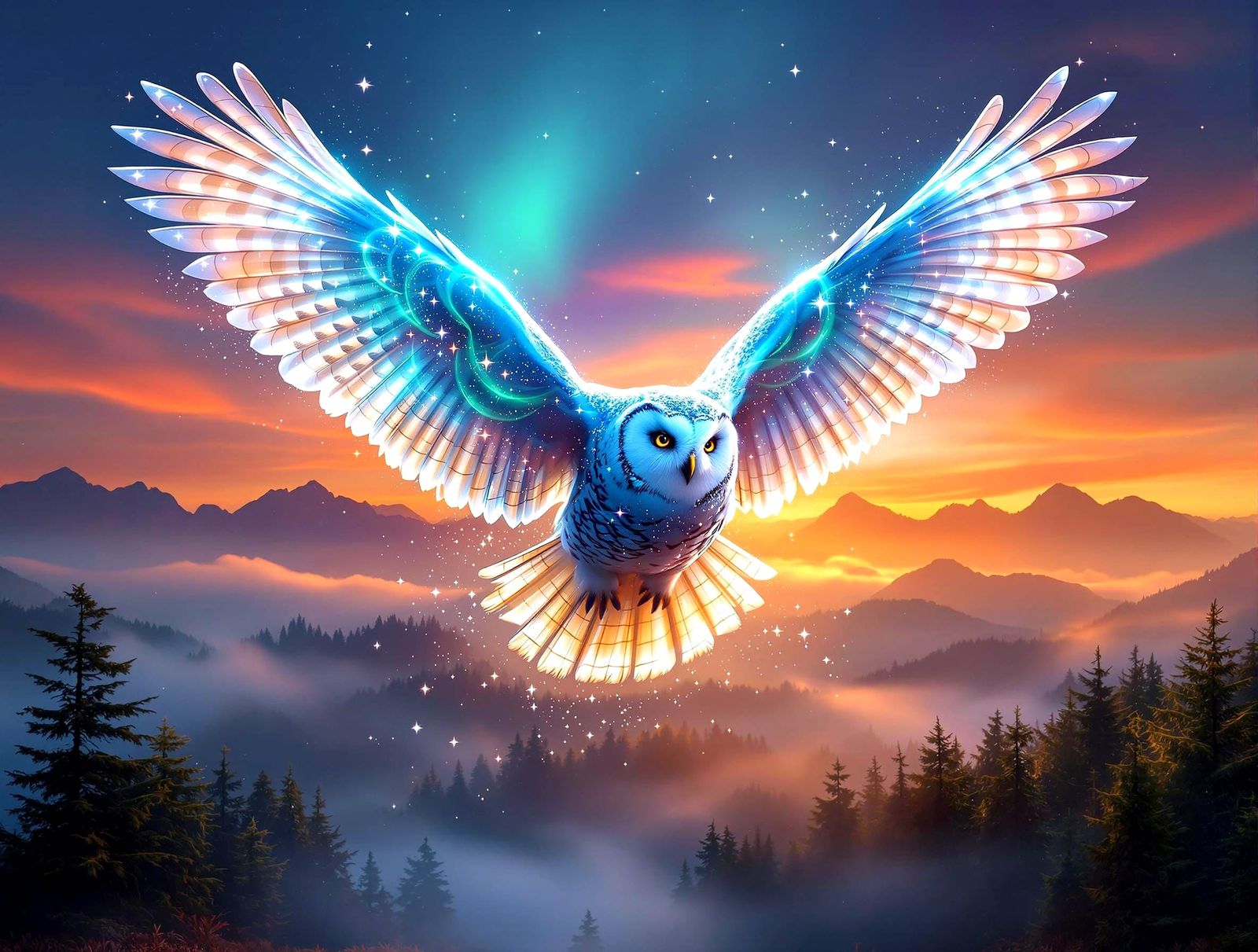 Surreal Winter Owl in Flight Over Magical Kingdoms