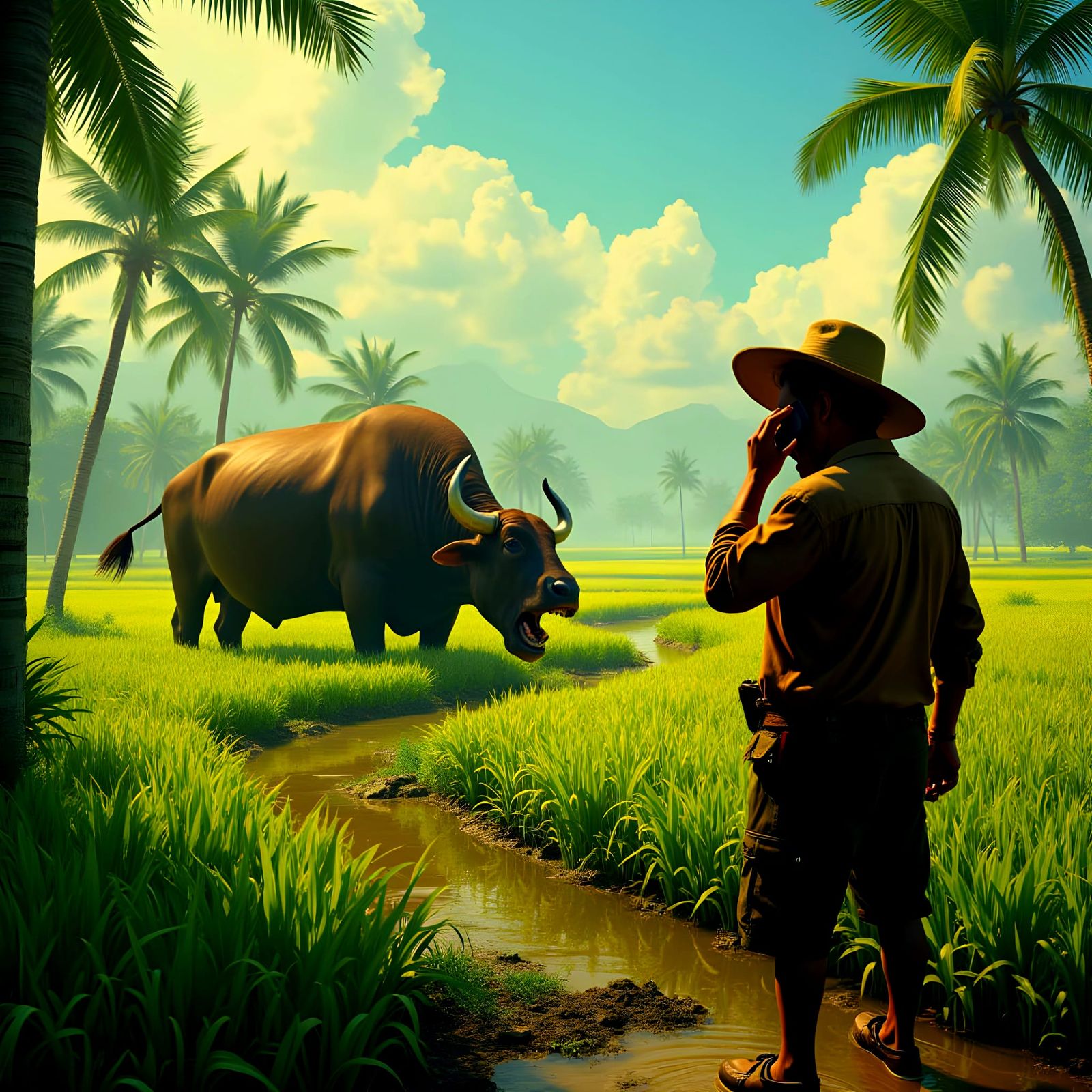 Farmer in Rice Field Surprised by Lush Landscape and Pregnan...