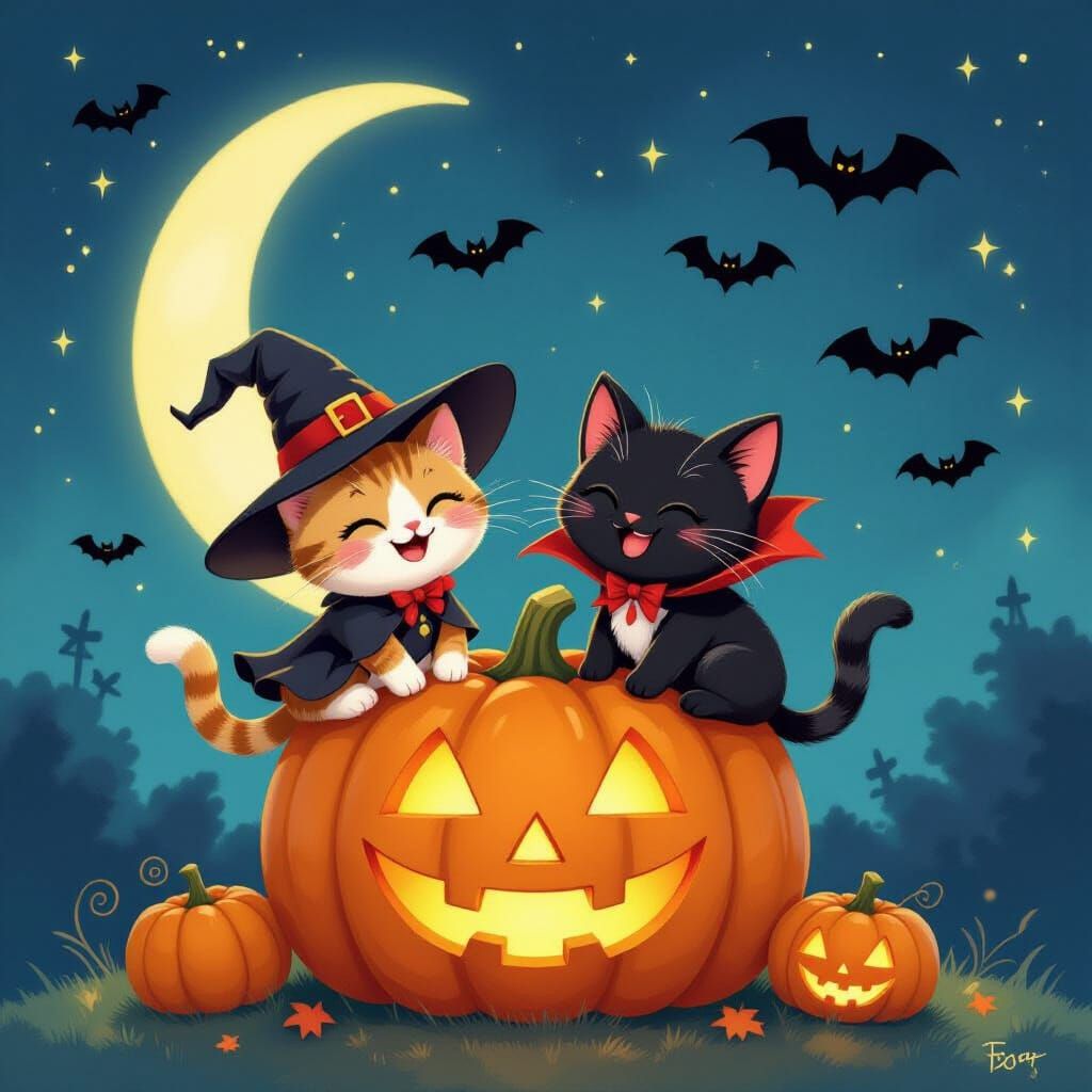 Whimsical Cats in Halloween Costumes on Pumpkin