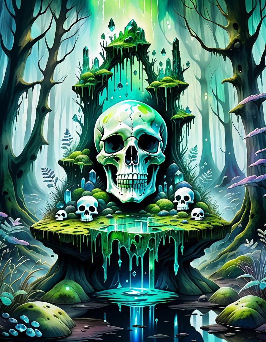Magical Mossy Forest Skull in Watercolour Style