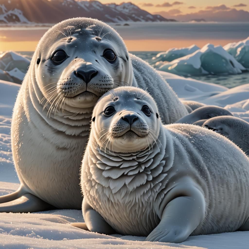 Fuzzy Baby Seal Nuzzled with Mom at Sunrise