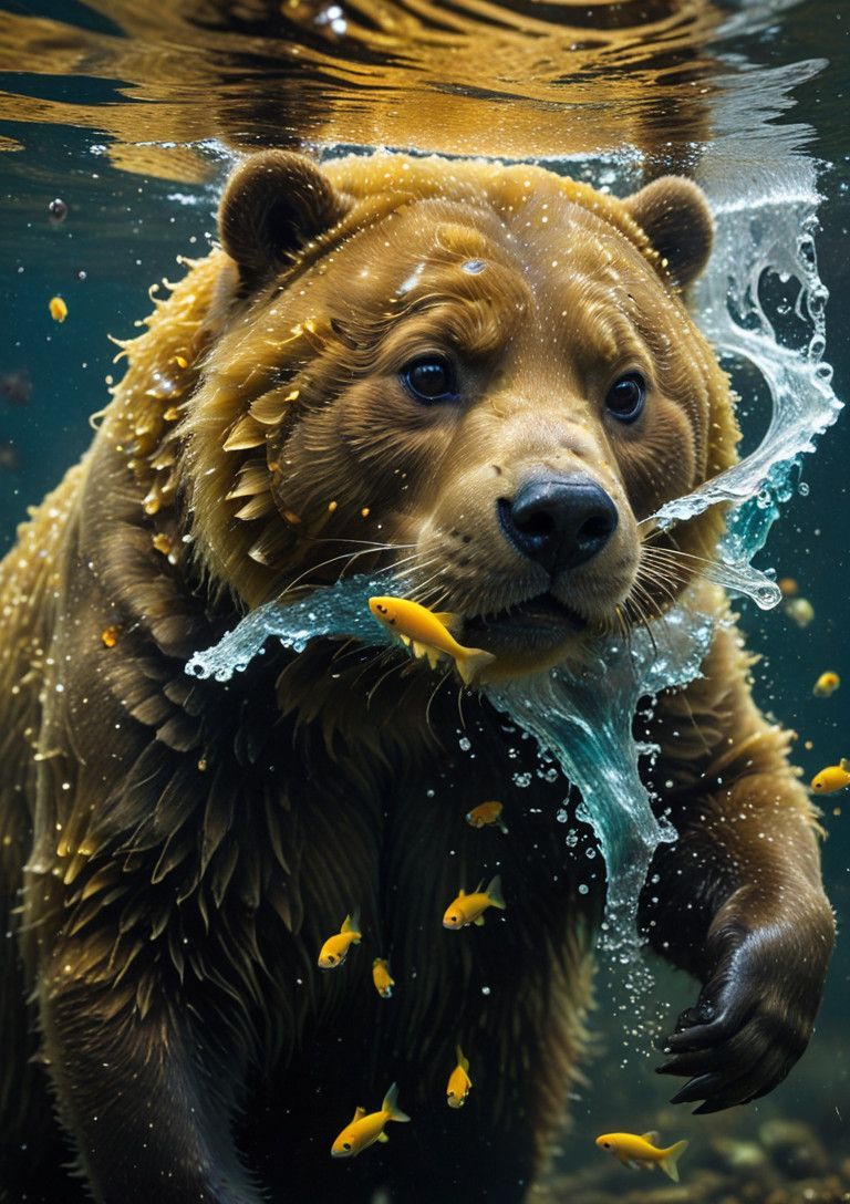 Surreal Japanese Bear with Rainbow Alien Hair Swimming Under...
