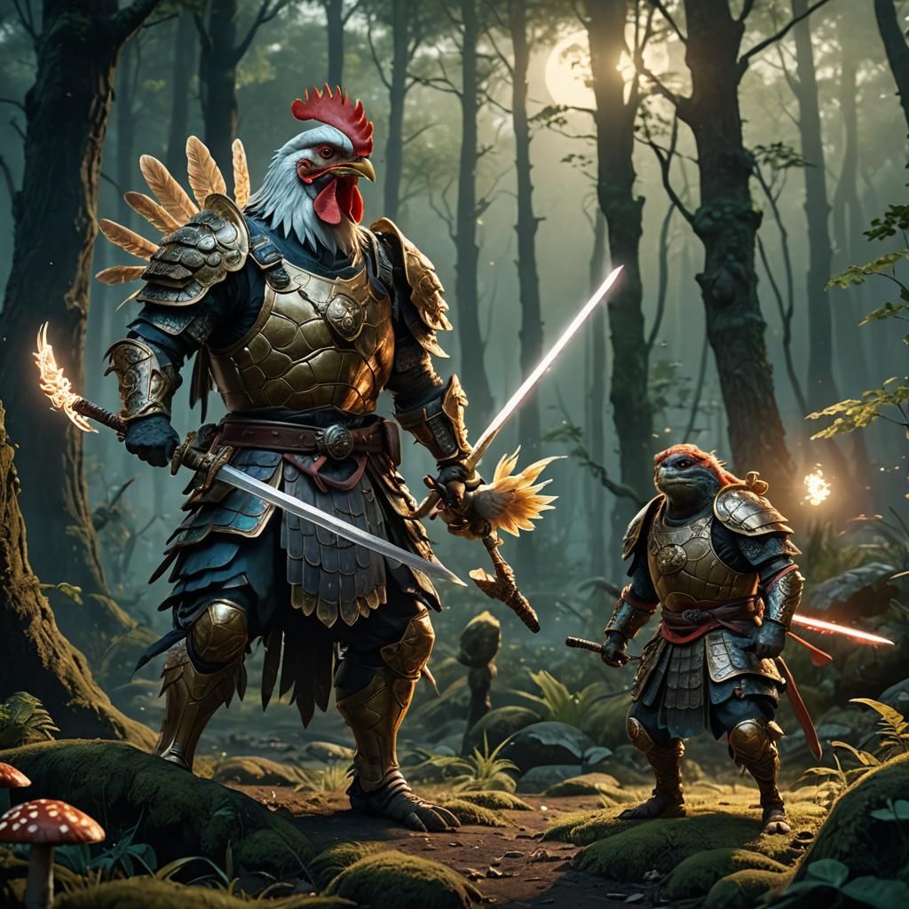 Chicken Warrior vs Turtle Samurai in Moonlit Duel