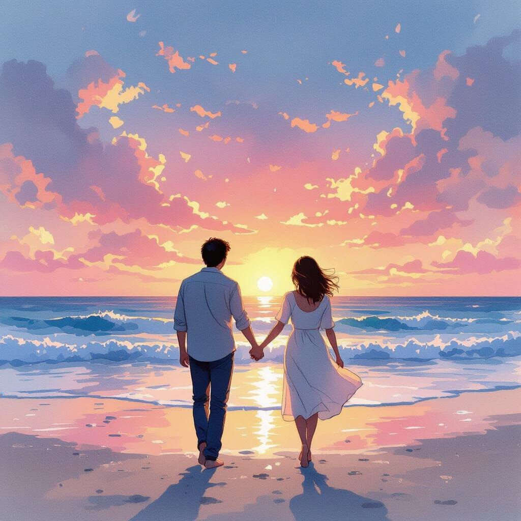 Beach Walk at Sunset: Miyazaki and Chihuly Style