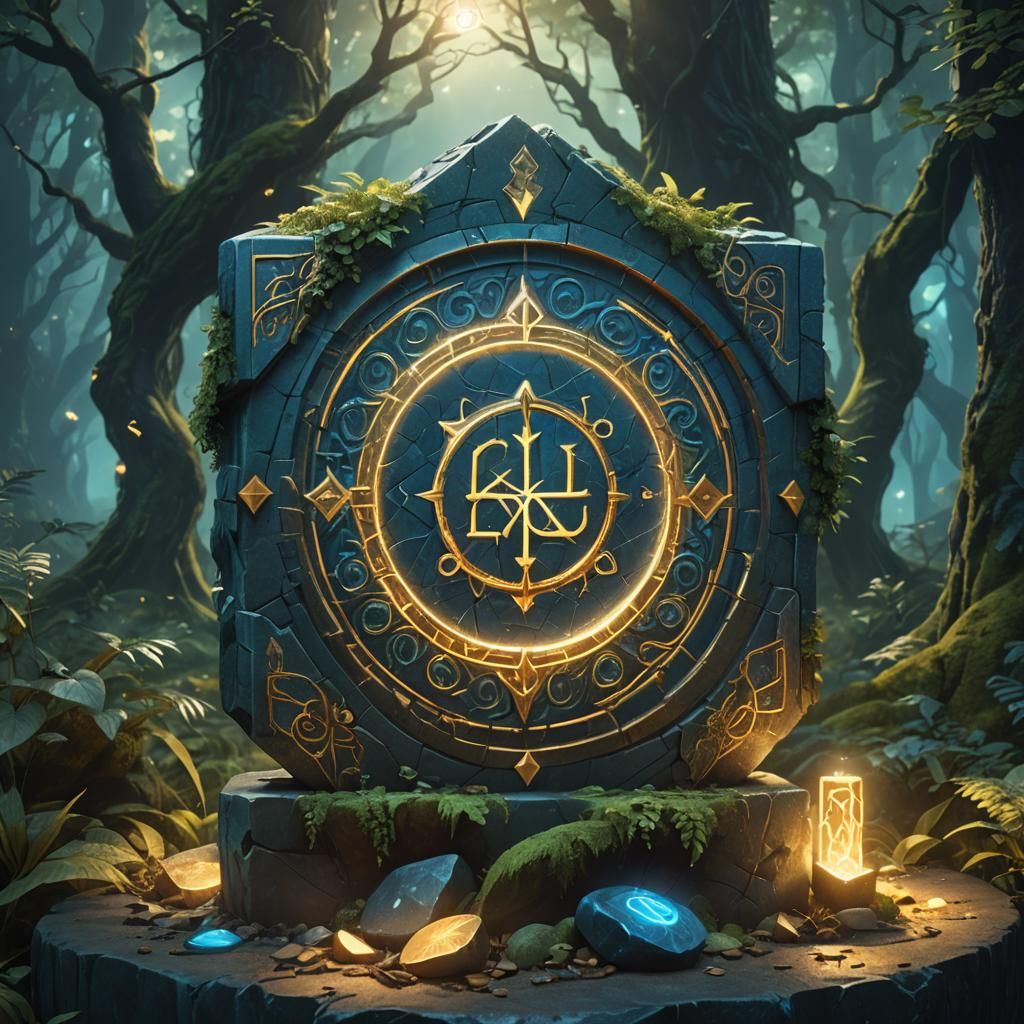 Glowing Runes Icon in Mystical Forest, Art Nouveau