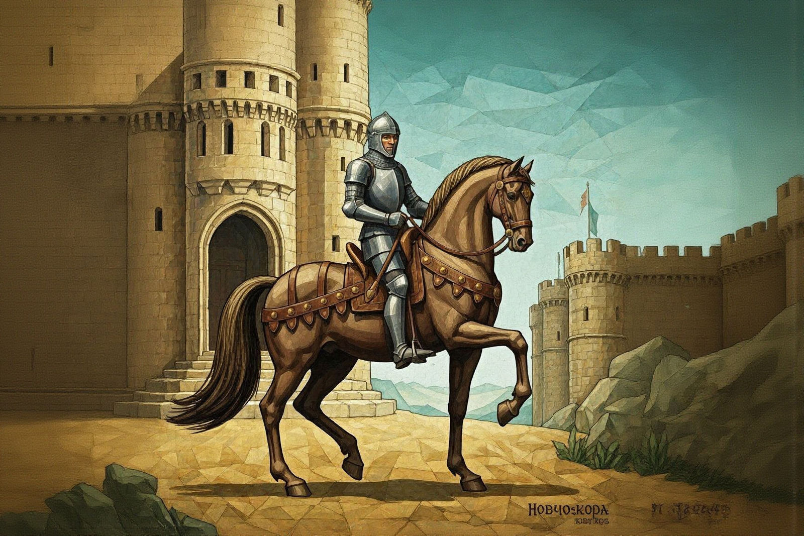 Cubist Knight on Horseback Outside Castle