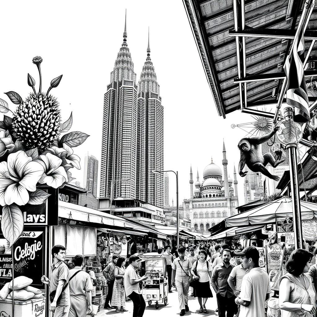 Vibrant Monochromatic Graffiti of a Bustling Malaysian Marke...