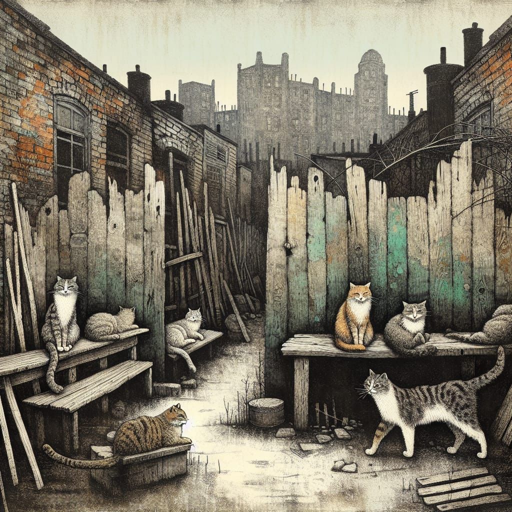 Folk Art Alley Cats on Decaying Fence