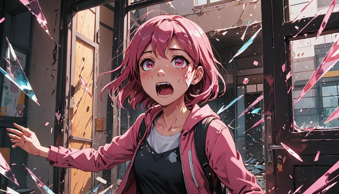 Anime Girl Screaming Amidst Broken Glass