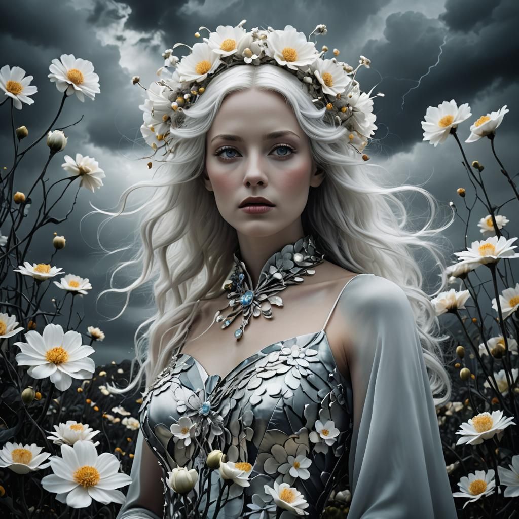 Ethereal Fairy Surrounded by Flowers in Surrealist Style