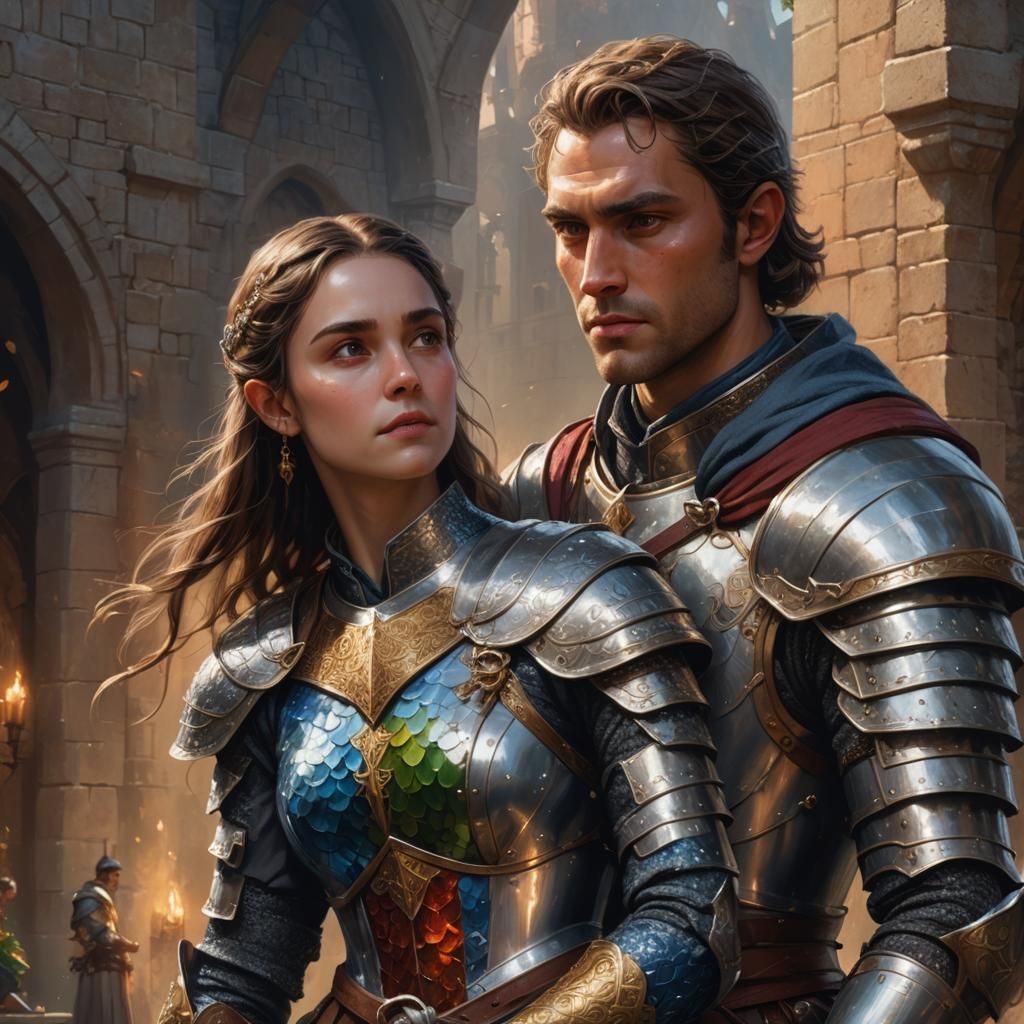 Half-elf Knight with Noblewoman: Hyperrealistic Splash Art