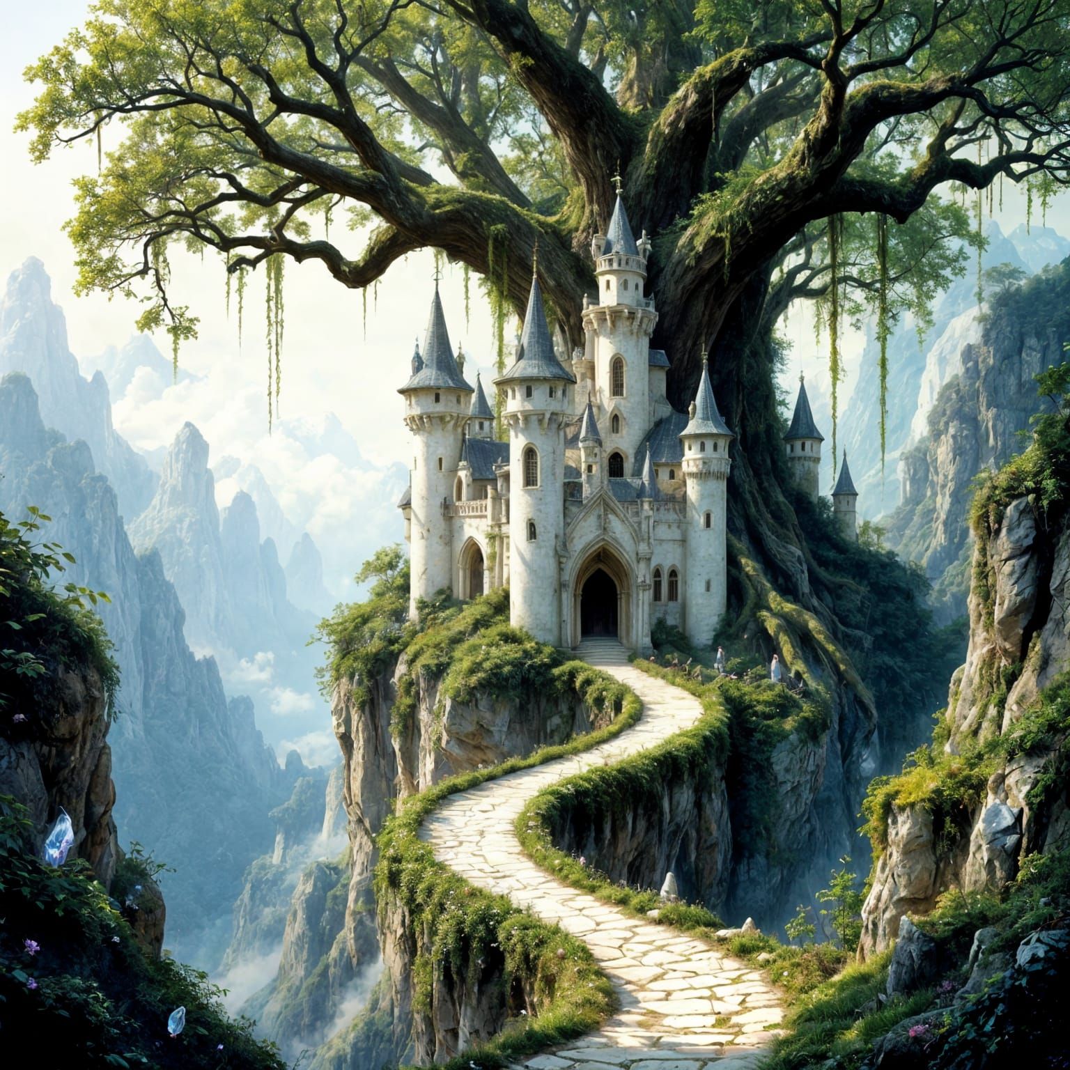 Ethereal Elven Castle Amidst Mystical Cliffs